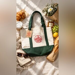 Trader Joe's White & Dark Green Canvas Tote Bag